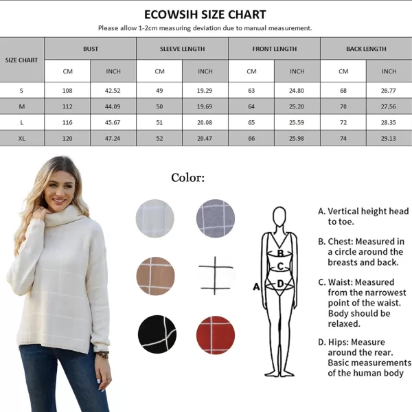 ECOWISH Women Fall Pullover Sweater Turtleneck Plaid Long Sleeve Loose Casual Chunky Checked Knit Winter Sweaters Jumper Tops014beige