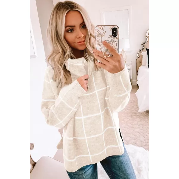 ECOWISH Women Fall Pullover Sweater Turtleneck Plaid Long Sleeve Loose Casual Chunky Checked Knit Winter Sweaters Jumper Tops014beige