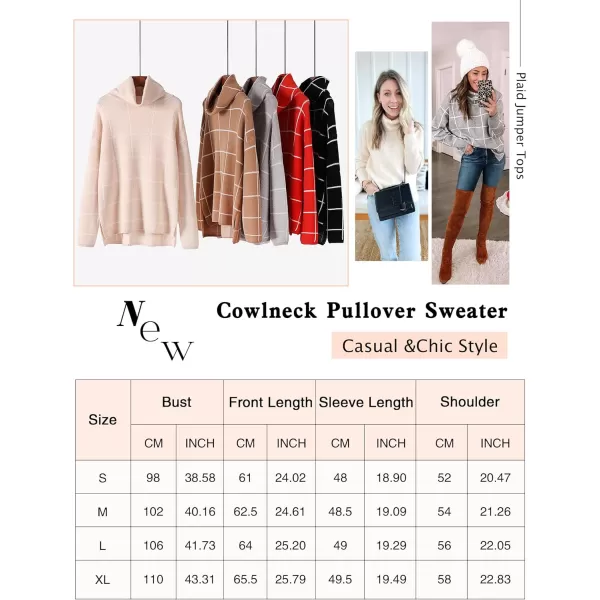 ECOWISH Women Fall Pullover Sweater Turtleneck Plaid Long Sleeve Loose Casual Chunky Checked Knit Winter Sweaters Jumper Tops014black