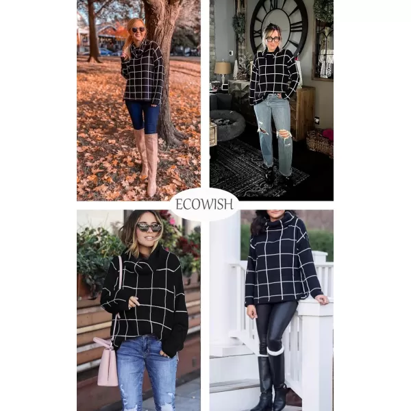 ECOWISH Women Fall Pullover Sweater Turtleneck Plaid Long Sleeve Loose Casual Chunky Checked Knit Winter Sweaters Jumper Tops014black