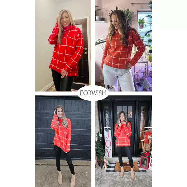 ECOWISH Women Fall Pullover Sweater Turtleneck Plaid Long Sleeve Loose Casual Chunky Checked Knit Winter Sweaters Jumper Tops014orangy Red