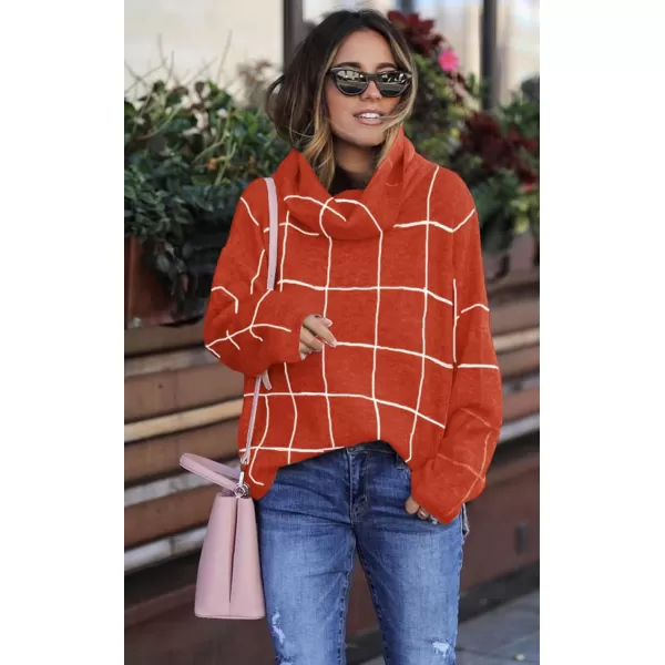 ECOWISH Women Fall Pullover Sweater Turtleneck Plaid Long Sleeve Loose Casual Chunky Checked Knit Winter Sweaters Jumper Tops014orangy Red