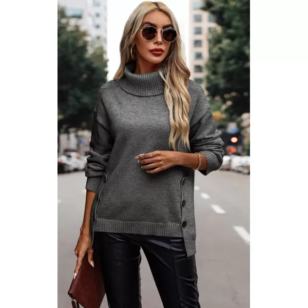 ECOWISH Women Fall Pullover Sweater Turtleneck Plaid Long Sleeve Loose Casual Chunky Checked Knit Winter Sweaters Jumper TopsBgray