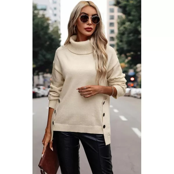 ECOWISH Women Fall Pullover Sweater Turtleneck Plaid Long Sleeve Loose Casual Chunky Checked Knit Winter Sweaters Jumper TopsBlight Beige