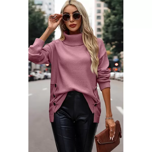 ECOWISH Women Fall Pullover Sweater Turtleneck Plaid Long Sleeve Loose Casual Chunky Checked Knit Winter Sweaters Jumper TopsBpurplish Pink