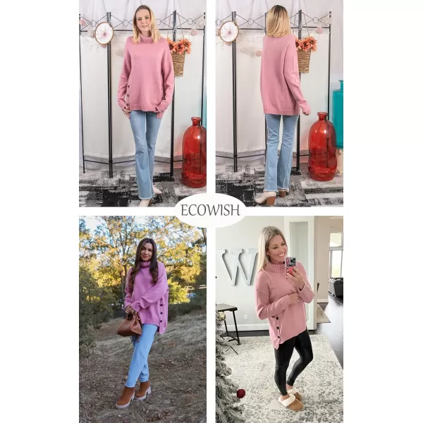 ECOWISH Women Fall Pullover Sweater Turtleneck Plaid Long Sleeve Loose Casual Chunky Checked Knit Winter Sweaters Jumper TopsBpurplish Pink