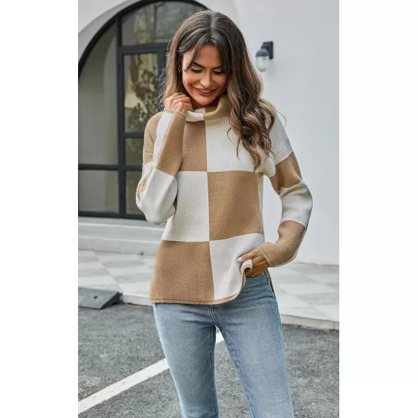 ECOWISH Women Fall Pullover Sweater Turtleneck Plaid Long Sleeve Loose Casual Chunky Checked Knit Winter Sweaters Jumper TopsDkhaki