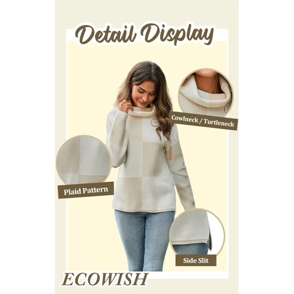 ECOWISH Women Fall Pullover Sweater Turtleneck Plaid Long Sleeve Loose Casual Chunky Checked Knit Winter Sweaters Jumper TopsDkhaki