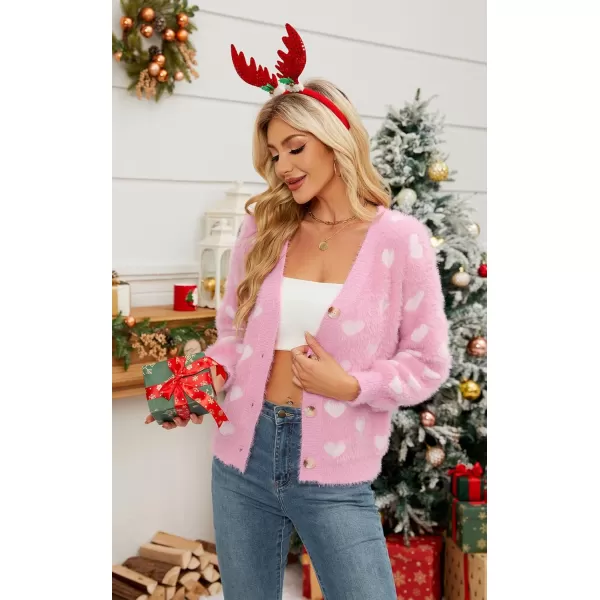 ECOWISH Women Floral Cropped Cardigan Fall Long Sleeve Open Front Fuzzy Daisy Print Knit Sweaters Casual Y2k Outerwear407 Pink