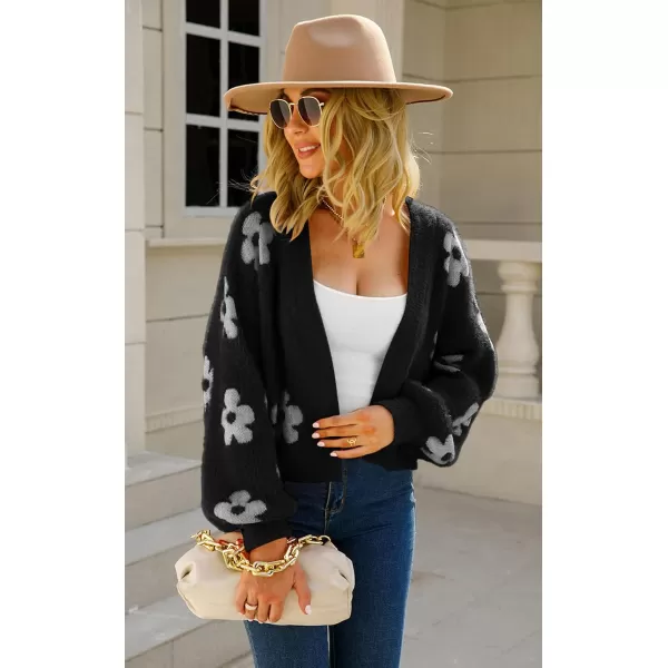 ECOWISH Women Floral Cropped Cardigan Fall Long Sleeve Open Front Fuzzy Daisy Print Knit Sweaters Casual Y2k OuterwearBlack