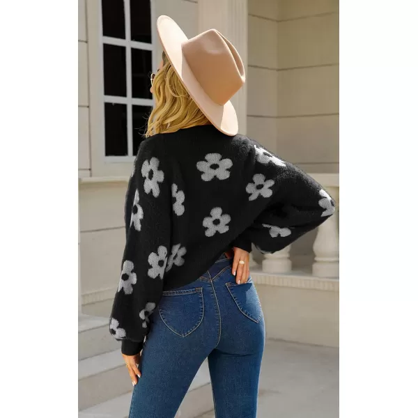 ECOWISH Women Floral Cropped Cardigan Fall Long Sleeve Open Front Fuzzy Daisy Print Knit Sweaters Casual Y2k OuterwearBlack