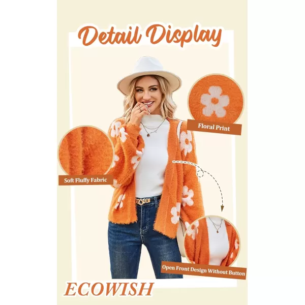 ECOWISH Women Floral Cropped Cardigan Fall Long Sleeve Open Front Fuzzy Daisy Print Knit Sweaters Casual Y2k OuterwearOrange