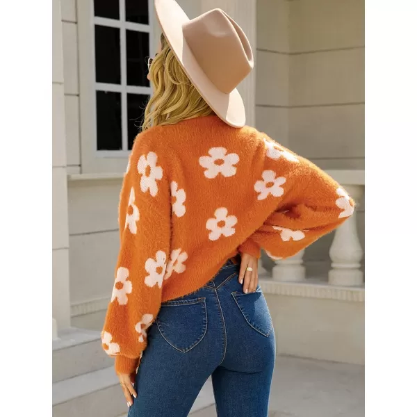 ECOWISH Women Floral Cropped Cardigan Fall Long Sleeve Open Front Fuzzy Daisy Print Knit Sweaters Casual Y2k OuterwearOrange