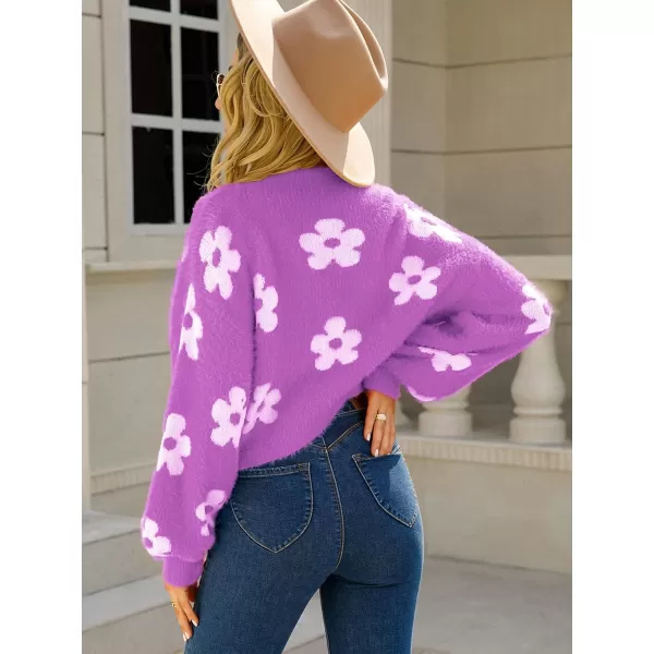 ECOWISH Women Floral Cropped Cardigan Fall Long Sleeve Open Front Fuzzy Daisy Print Knit Sweaters Casual Y2k OuterwearPurple