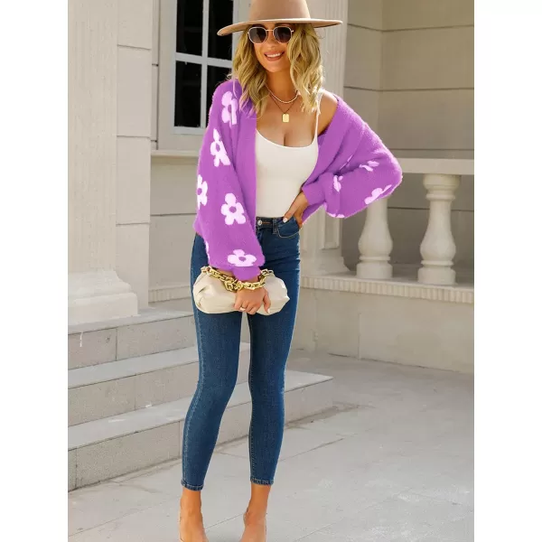 ECOWISH Women Floral Cropped Cardigan Fall Long Sleeve Open Front Fuzzy Daisy Print Knit Sweaters Casual Y2k OuterwearPurple