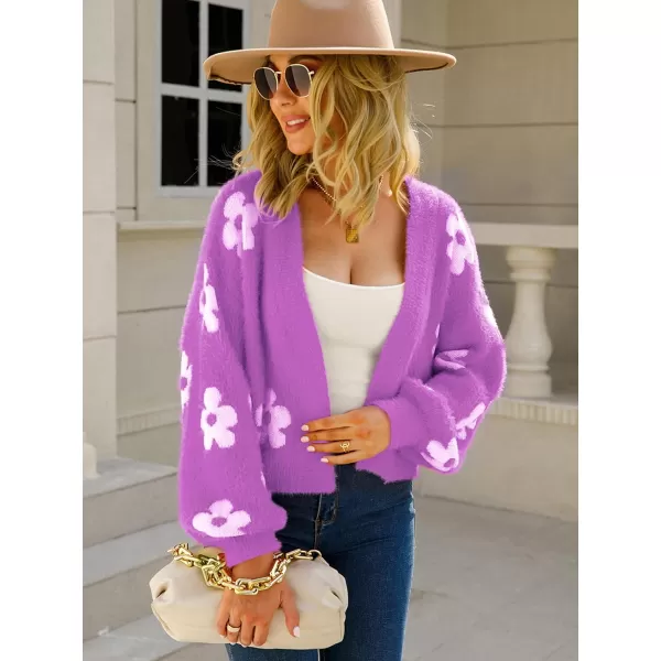 ECOWISH Women Floral Cropped Cardigan Fall Long Sleeve Open Front Fuzzy Daisy Print Knit Sweaters Casual Y2k OuterwearPurple