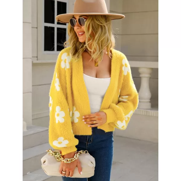 ECOWISH Women Floral Cropped Cardigan Fall Long Sleeve Open Front Fuzzy Daisy Print Knit Sweaters Casual Y2k OuterwearYellow