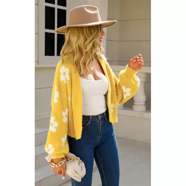 ECOWISH Women Floral Cropped Cardigan Fall Long Sleeve Open Front Fuzzy Daisy Print Knit Sweaters Casual Y2k OuterwearYellow