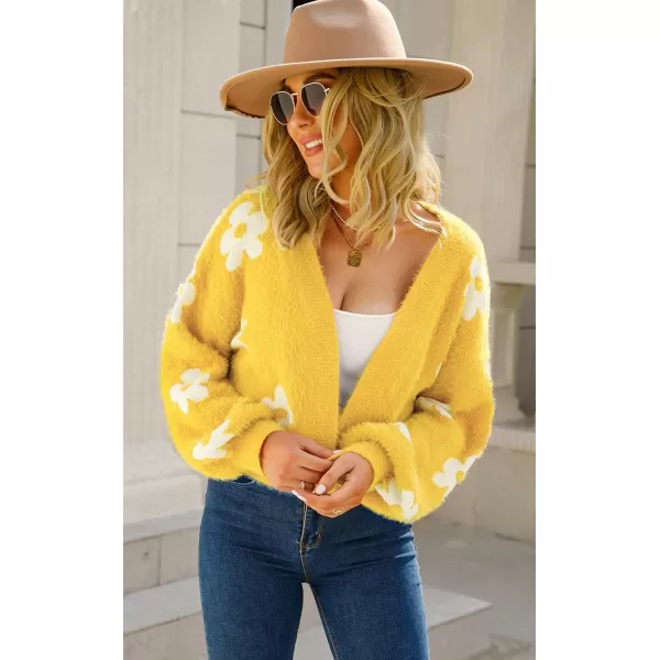 ECOWISH Women Floral Cropped Cardigan Fall Long Sleeve Open Front Fuzzy Daisy Print Knit Sweaters Casual Y2k OuterwearYellow