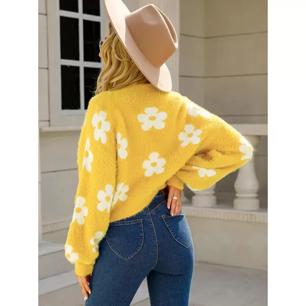 ECOWISH Women Floral Cropped Cardigan Fall Long Sleeve Open Front Fuzzy Daisy Print Knit Sweaters Casual Y2k OuterwearYellow