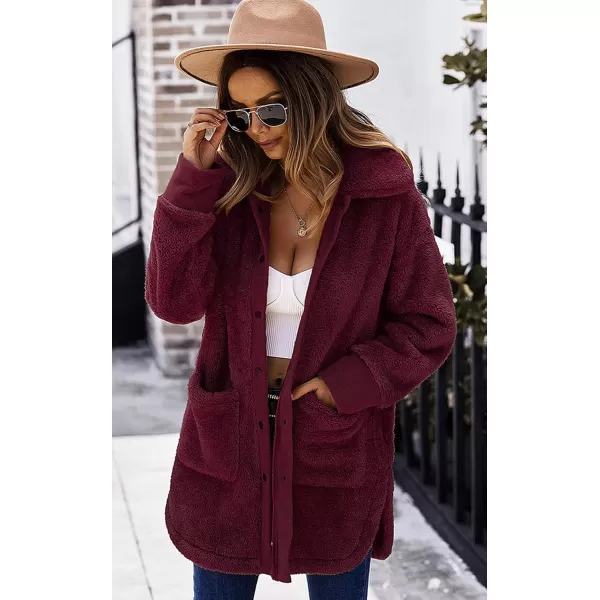 ECOWISH Women Jacket Winter Coat  2024 Fur Fleece Long Sleeve Sherpa Faux Fuzzy Fall Teddy Fluffy Zip Lapel Outfits222 Wine