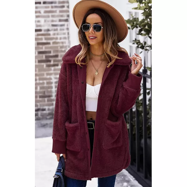 ECOWISH Women Jacket Winter Coat  2024 Fur Fleece Long Sleeve Sherpa Faux Fuzzy Fall Teddy Fluffy Zip Lapel Outfits222 Wine