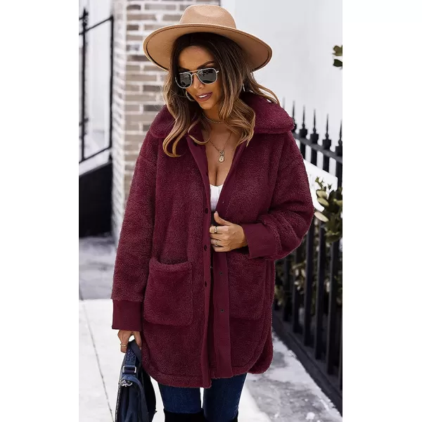 ECOWISH Women Jacket Winter Coat  2024 Fur Fleece Long Sleeve Sherpa Faux Fuzzy Fall Teddy Fluffy Zip Lapel Outfits222 Wine