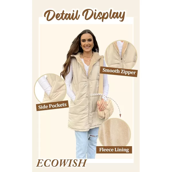 ECOWISH Women Long Puffer Vest Fall Zip up Reversible Fleece Jacket 2024 Winter Warm Sleeveless Hooded Coat with PocketsArmy Green