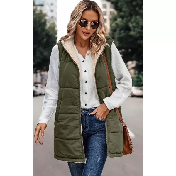 ECOWISH Women Long Puffer Vest Fall Zip up Reversible Fleece Jacket 2024 Winter Warm Sleeveless Hooded Coat with PocketsArmy Green