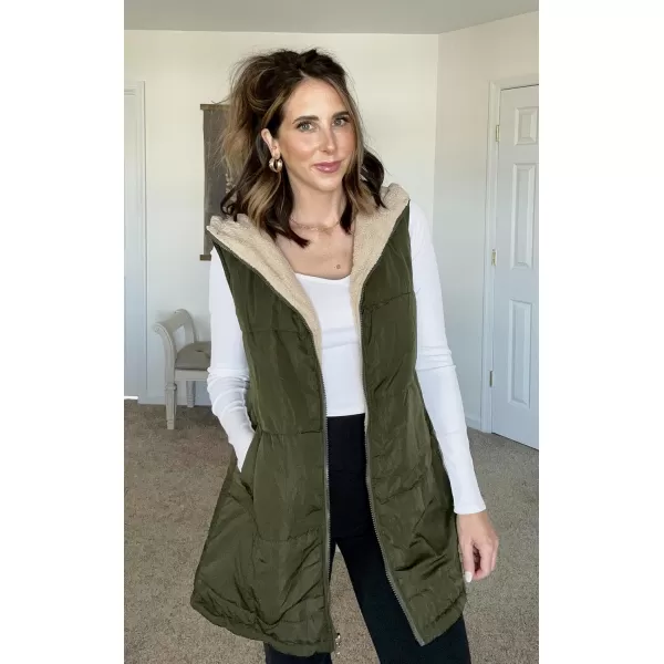 ECOWISH Women Long Puffer Vest Fall Zip up Reversible Fleece Jacket 2024 Winter Warm Sleeveless Hooded Coat with PocketsArmy Green