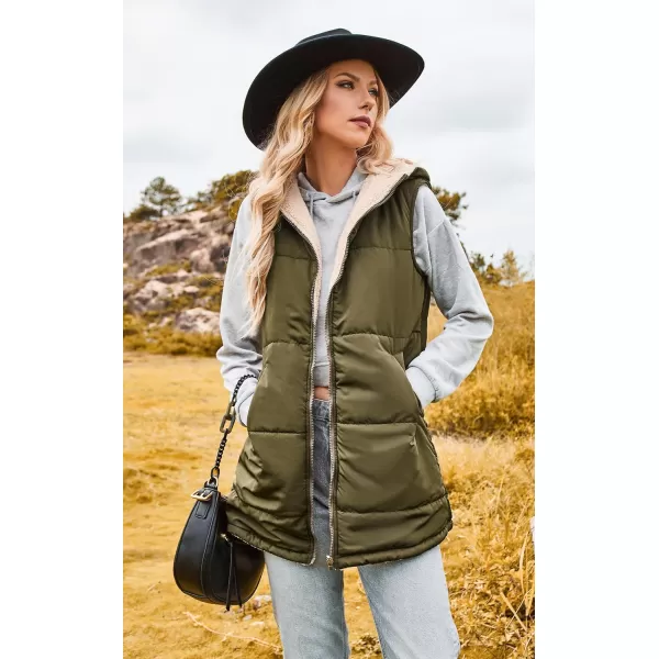 ECOWISH Women Long Puffer Vest Fall Zip up Reversible Fleece Jacket 2024 Winter Warm Sleeveless Hooded Coat with PocketsArmy Green