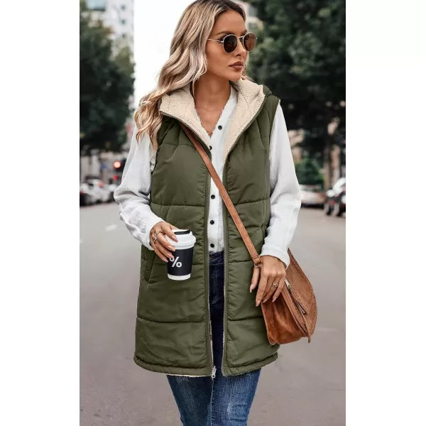 ECOWISH Women Long Puffer Vest Fall Zip up Reversible Fleece Jacket 2024 Winter Warm Sleeveless Hooded Coat with PocketsArmy Green