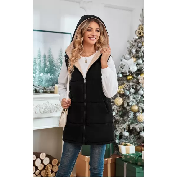 ECOWISH Women Long Puffer Vest Fall Zip up Reversible Fleece Jacket 2024 Winter Warm Sleeveless Hooded Coat with PocketsBlack