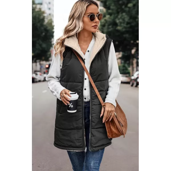 ECOWISH Women Long Puffer Vest Fall Zip up Reversible Fleece Jacket 2024 Winter Warm Sleeveless Hooded Coat with PocketsBlack