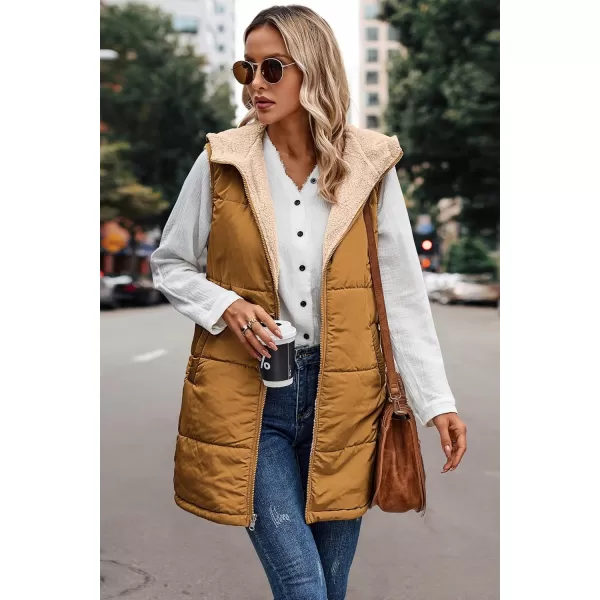 ECOWISH Women Long Puffer Vest Fall Zip up Reversible Fleece Jacket 2024 Winter Warm Sleeveless Hooded Coat with PocketsBrown