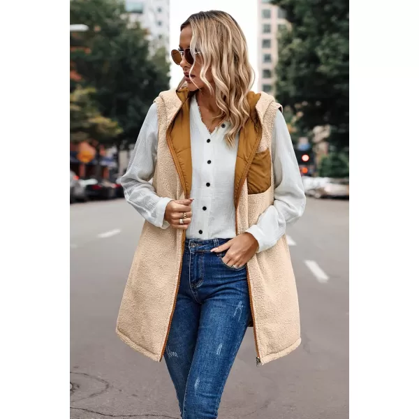 ECOWISH Women Long Puffer Vest Fall Zip up Reversible Fleece Jacket 2024 Winter Warm Sleeveless Hooded Coat with PocketsBrown