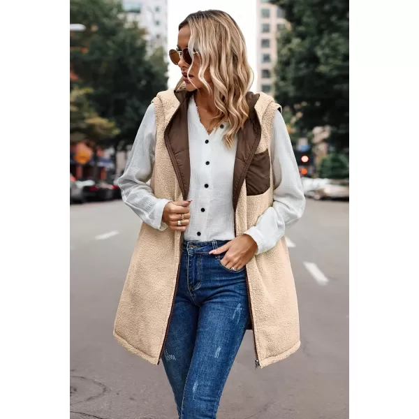 ECOWISH Women Long Puffer Vest Fall Zip up Reversible Fleece Jacket 2024 Winter Warm Sleeveless Hooded Coat with PocketsCoffee