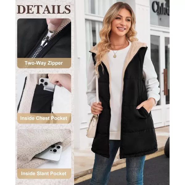 ECOWISH Women Long Puffer Vest Fall Zip up Reversible Fleece Jacket 2024 Winter Warm Sleeveless Hooded Coat with PocketsGreen