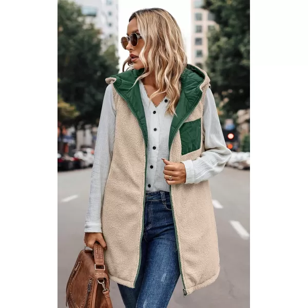 ECOWISH Women Long Puffer Vest Fall Zip up Reversible Fleece Jacket 2024 Winter Warm Sleeveless Hooded Coat with PocketsGreen