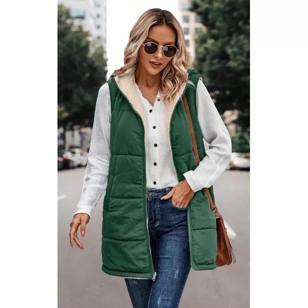 ECOWISH Women Long Puffer Vest Fall Zip up Reversible Fleece Jacket 2024 Winter Warm Sleeveless Hooded Coat with PocketsGreen
