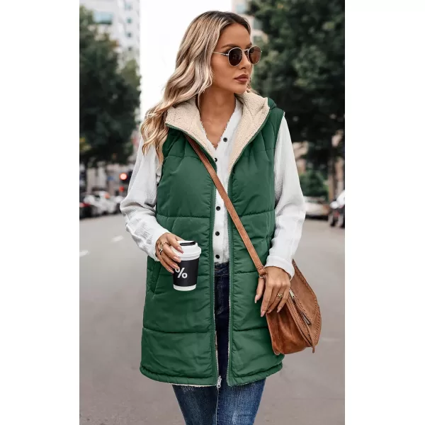ECOWISH Women Long Puffer Vest Fall Zip up Reversible Fleece Jacket 2024 Winter Warm Sleeveless Hooded Coat with PocketsGreen