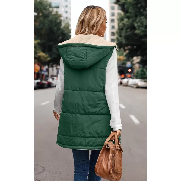 ECOWISH Women Long Puffer Vest Fall Zip up Reversible Fleece Jacket 2024 Winter Warm Sleeveless Hooded Coat with PocketsGreen