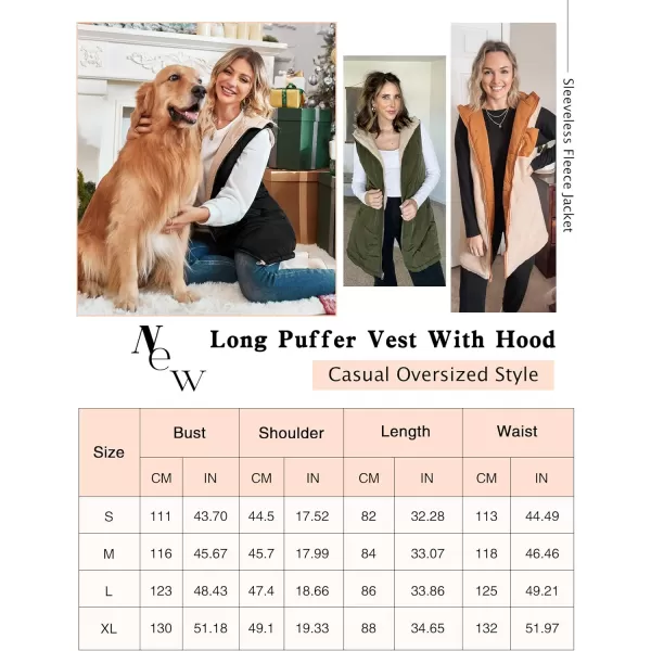 ECOWISH Women Long Puffer Vest Fall Zip up Reversible Fleece Jacket 2024 Winter Warm Sleeveless Hooded Coat with PocketsGreen