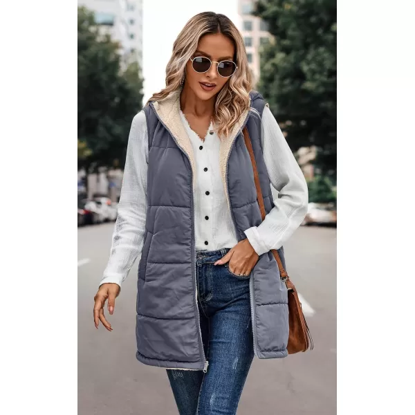 ECOWISH Women Long Puffer Vest Fall Zip up Reversible Fleece Jacket 2024 Winter Warm Sleeveless Hooded Coat with PocketsGrey Blue