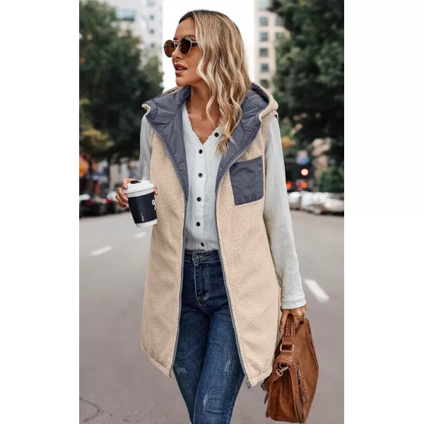 ECOWISH Women Long Puffer Vest Fall Zip up Reversible Fleece Jacket 2024 Winter Warm Sleeveless Hooded Coat with PocketsGrey Blue