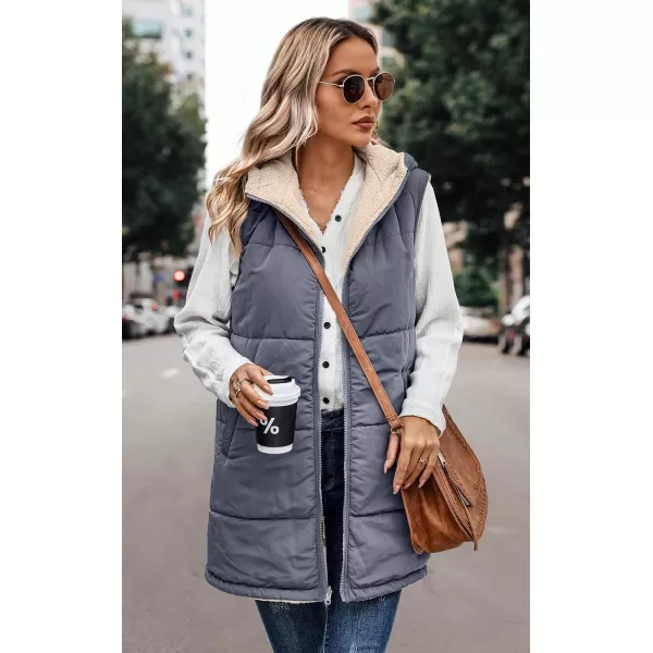 ECOWISH Women Long Puffer Vest Fall Zip up Reversible Fleece Jacket 2024 Winter Warm Sleeveless Hooded Coat with PocketsGrey Blue