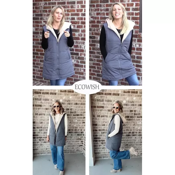 ECOWISH Women Long Puffer Vest Fall Zip up Reversible Fleece Jacket 2024 Winter Warm Sleeveless Hooded Coat with PocketsGrey Blue
