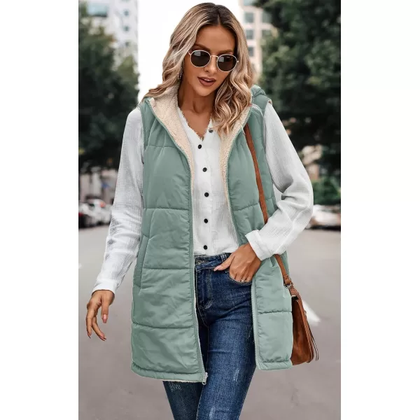 ECOWISH Women Long Puffer Vest Fall Zip up Reversible Fleece Jacket 2024 Winter Warm Sleeveless Hooded Coat with PocketsGrey Green