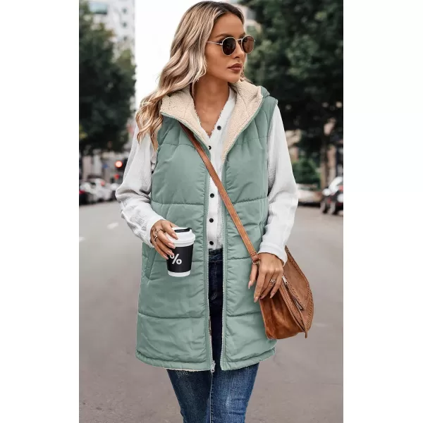 ECOWISH Women Long Puffer Vest Fall Zip up Reversible Fleece Jacket 2024 Winter Warm Sleeveless Hooded Coat with PocketsGrey Green