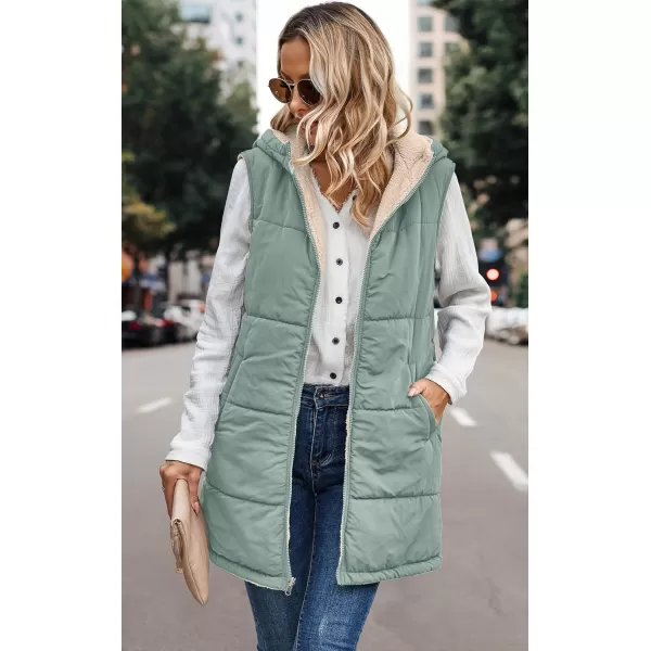 ECOWISH Women Long Puffer Vest Fall Zip up Reversible Fleece Jacket 2024 Winter Warm Sleeveless Hooded Coat with PocketsGrey Green